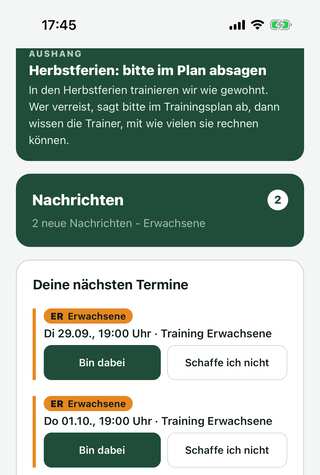 Startseite der Klubsache-App aus Sicht eines Mitglieds. Oben ein Aushang zu den Herbstferien, darunter zwei neue Nachrichten in der Gruppe Erwachsene. Unter „Deine nächsten Termine“ zwei Trainings der Gruppe Erwachsene, bei beiden ist „Bin dabei“ gewählt, daneben jeweils „Schaffe ich nicht“.